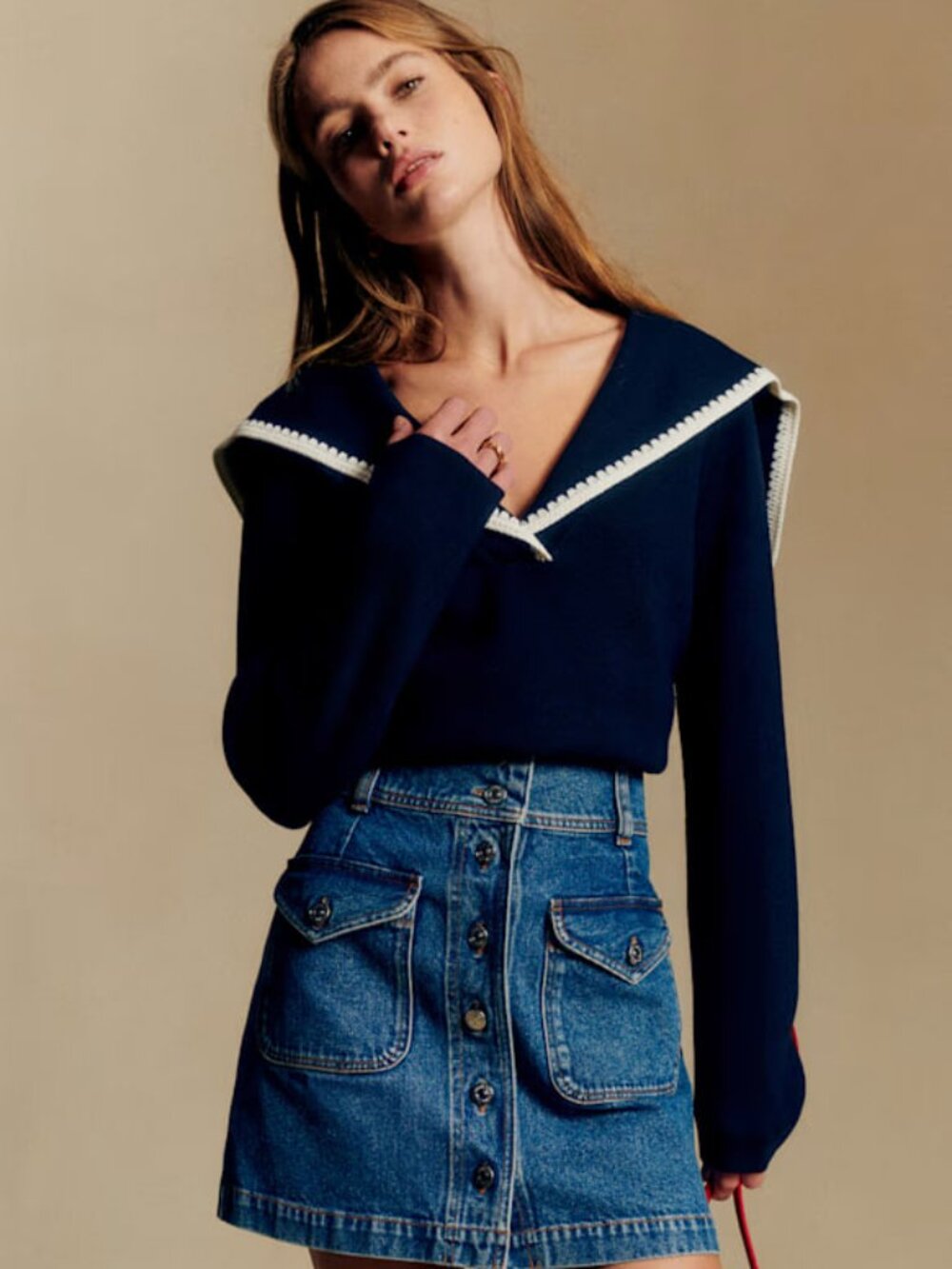 Sezane NWOT Naya Jumper Marine with Ecru Details XS